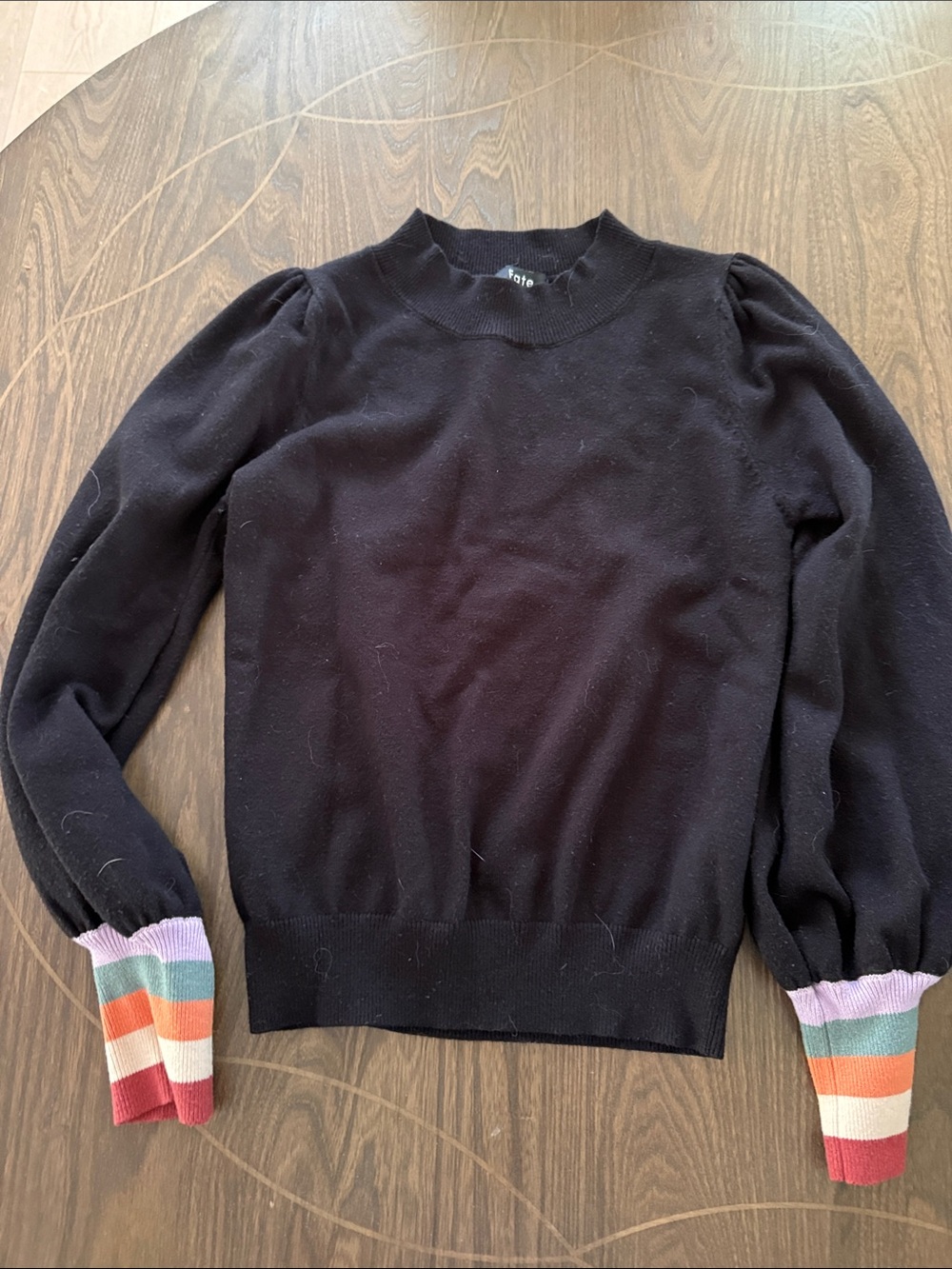 Black Pullover Sweater with Striped Cuffs